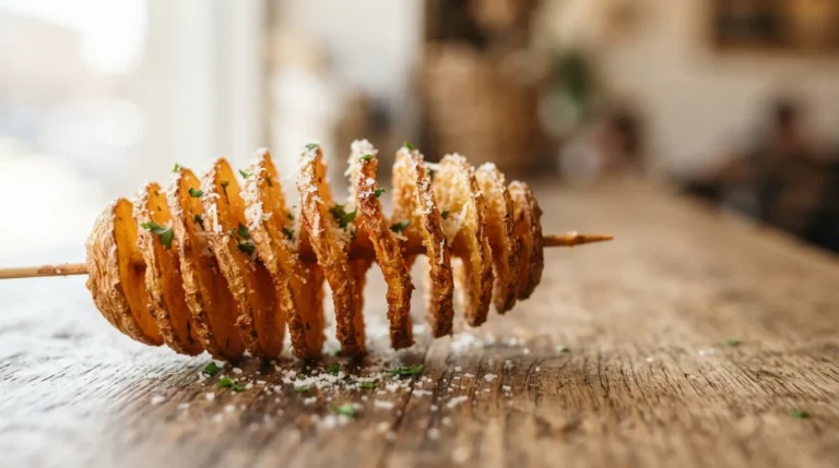 Golden spiral-cut tornado potato on a wooden skewer topped with Parmesan and parsley