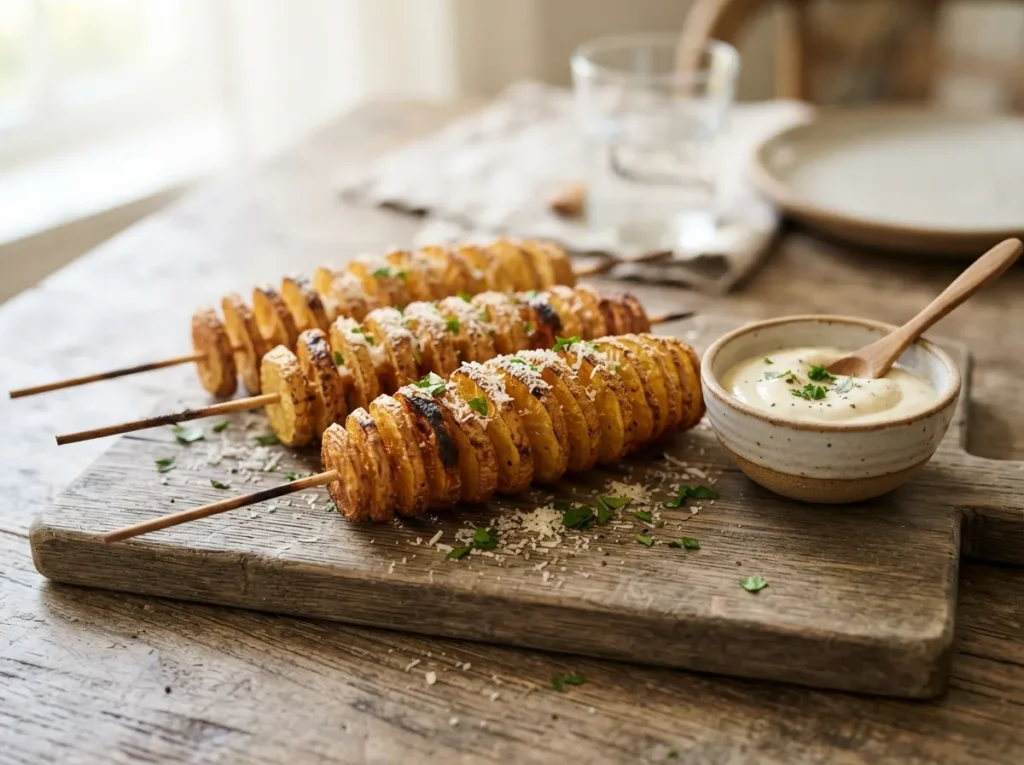 Several tornado potato skewers served on a board with a side of dipping sauce