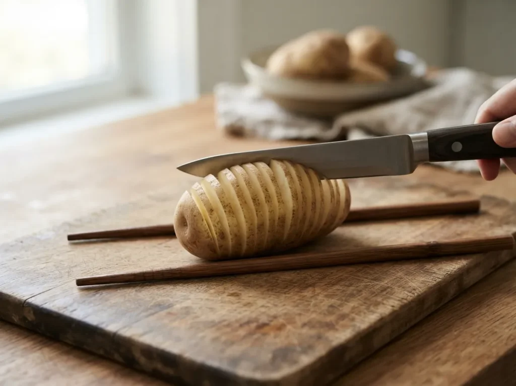 Raw potato held between chopsticks being spiral-cut into a tornado potato