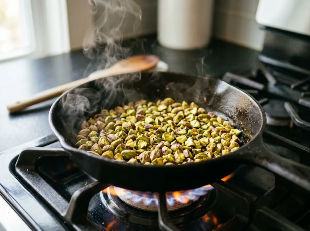Chopped pistachios toasting in a skillet for Boursin fig dip