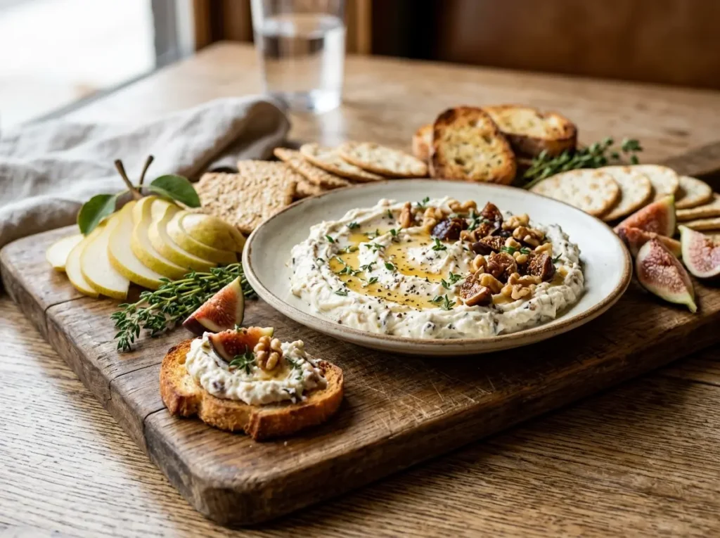 Boursin fig dip served with crackers and sliced pears on a wooden board