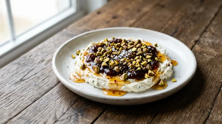 Boursin fig dip topped with toasted pistachios and a drizzle of hot honey on a serving plate