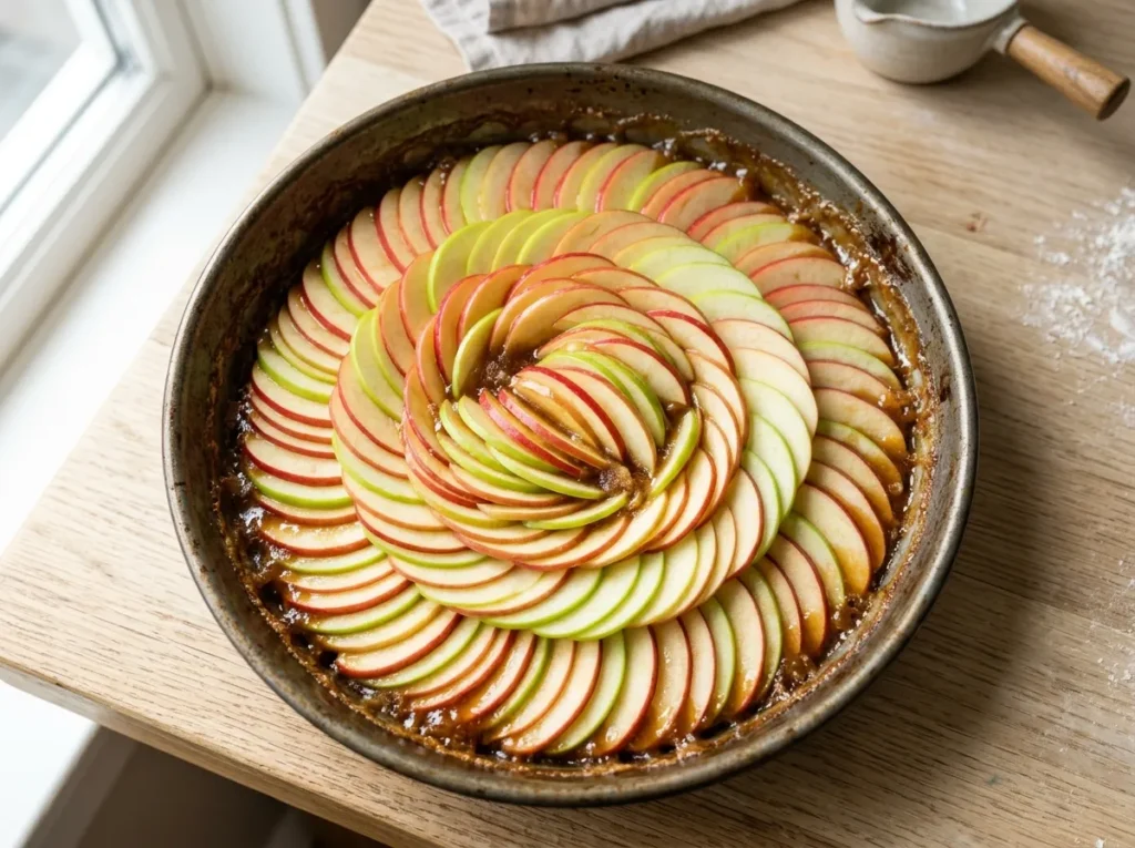 Thin apple slices arranged over caramel in a baking pan before adding cake batter