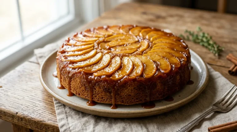Caramel apple upside-down cake on a serving plate with caramelized apple slices on top