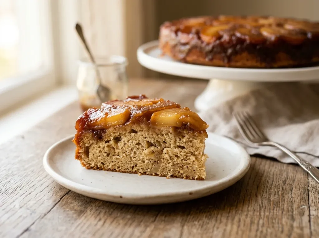 A slice of caramel apple upside-down cake served on a small plate with the whole cake in the background