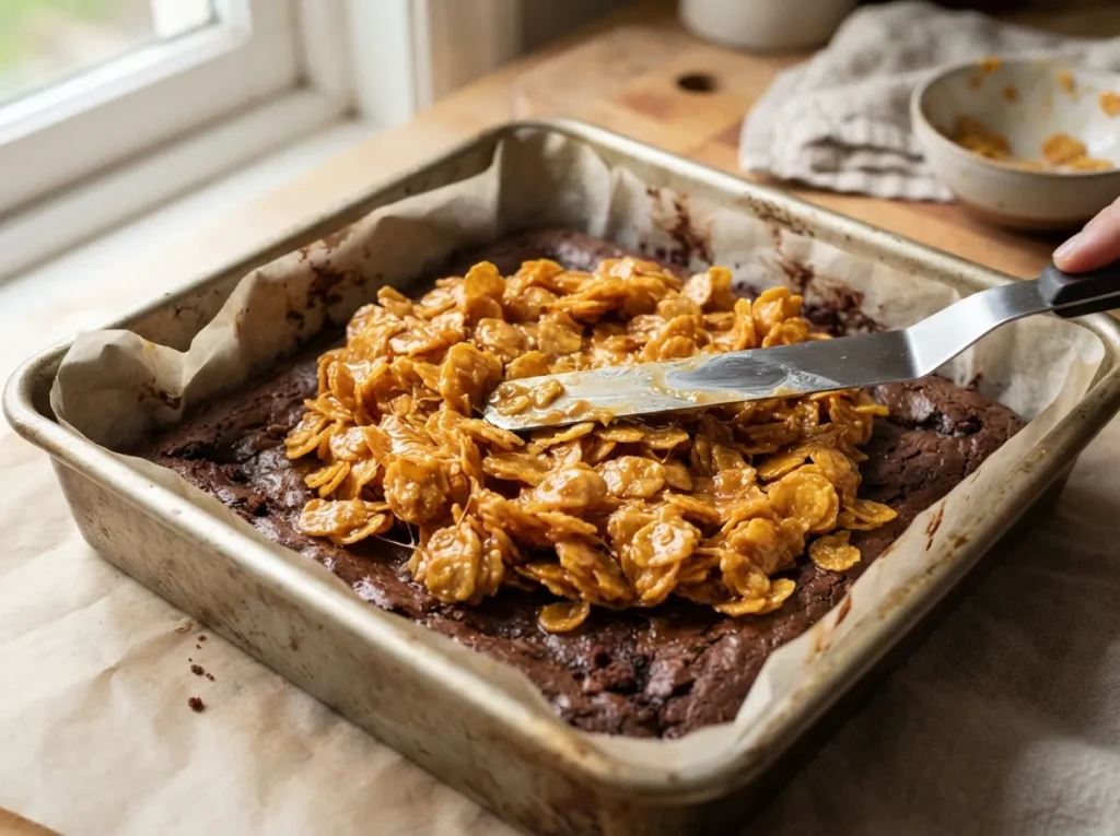 Caramel cornflake mixture being spread over a cooled brownie base in a baking pan