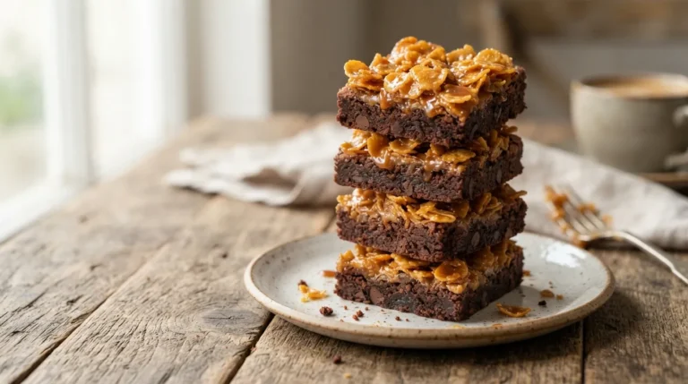 Stacked caramel cornflake brownies showing the fudgy layer and crunchy caramel topping