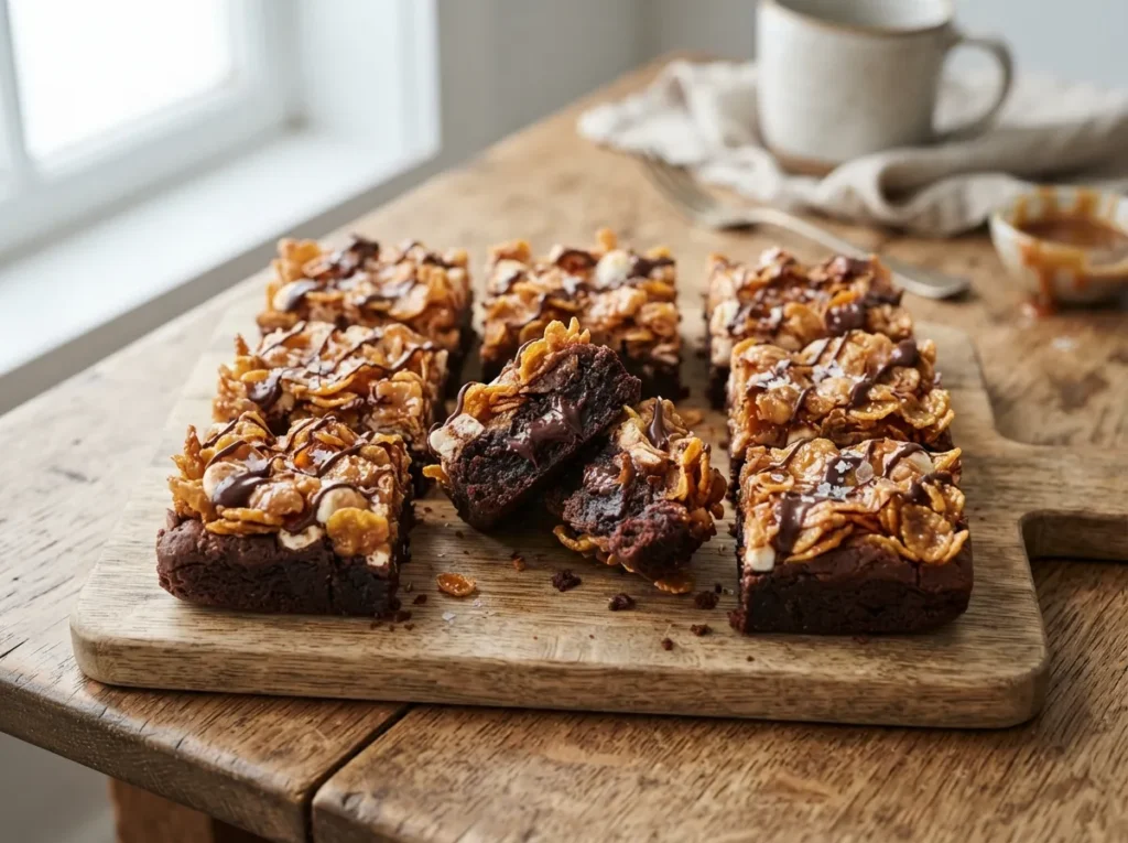 Sliced caramel cornflake brownies arranged on a wooden board with one bar cut in half showing the fudgy interior