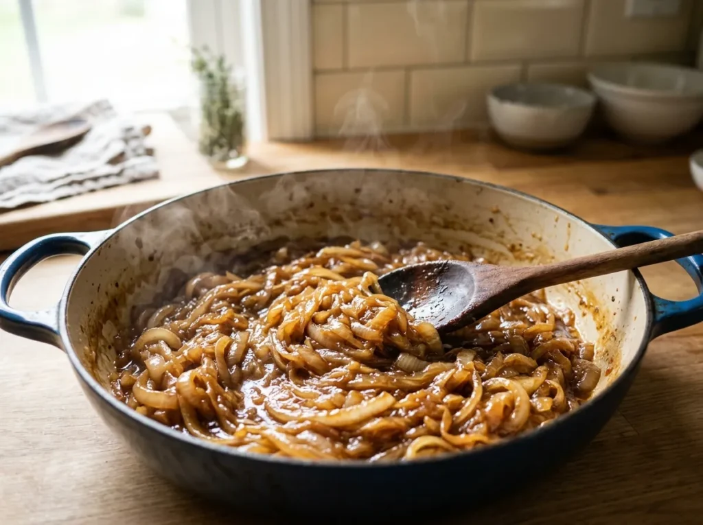 Sliced onions caramelizing to a deep golden brown in a pot