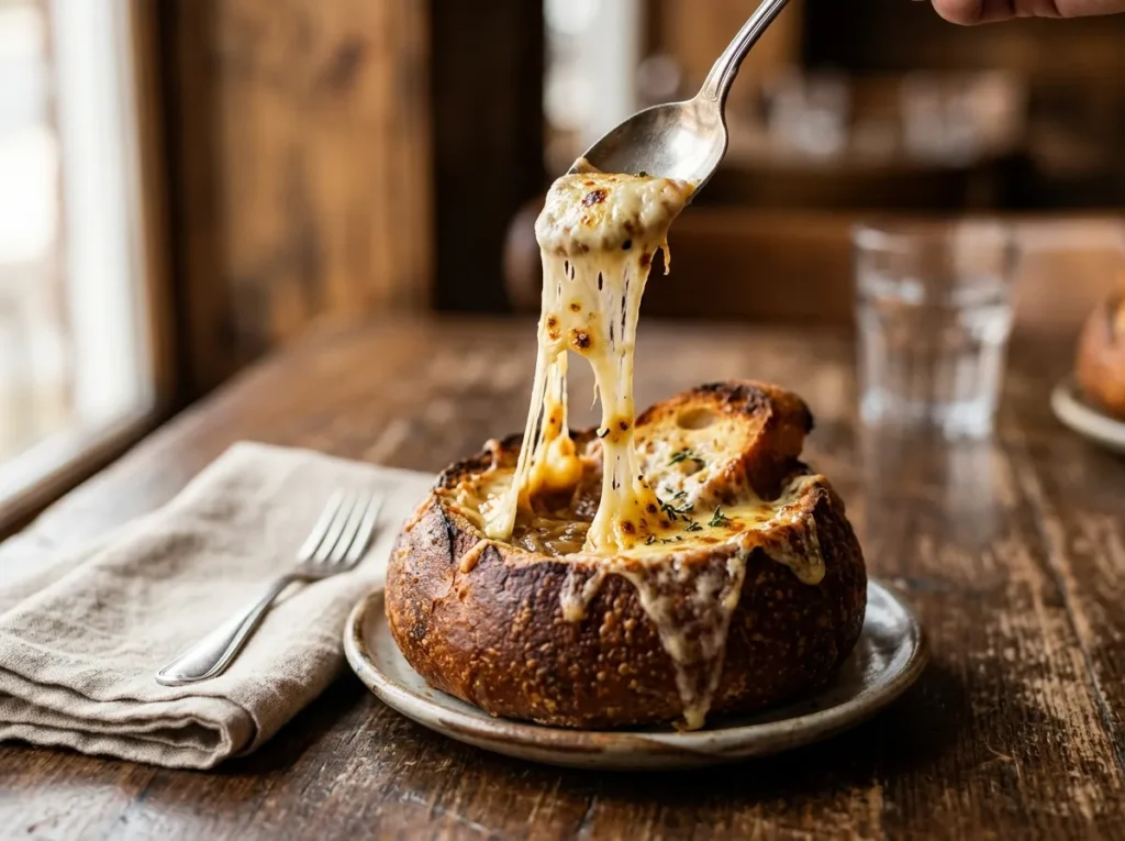 Spoon lifting a stretchy cheese pull from a French onion soup bread bowl