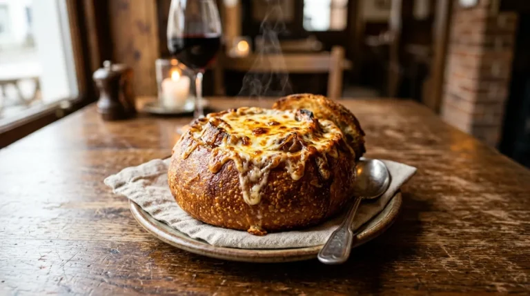 French onion soup in a toasted bread bowl topped with melted Gruyère cheese