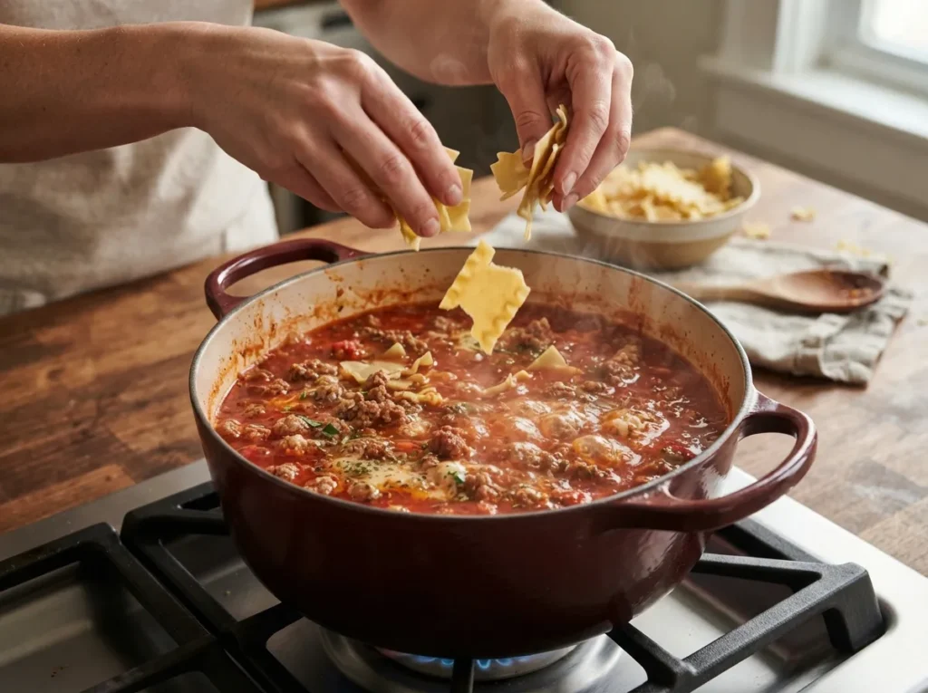 Broken lasagna noodles being added to a Dutch oven of simmering tomato broth