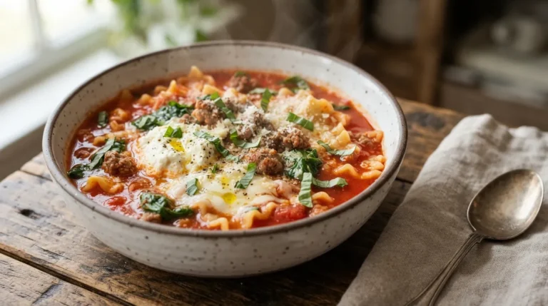 Bowl of lasagna soup with melted mozzarella, ricotta and fresh basil