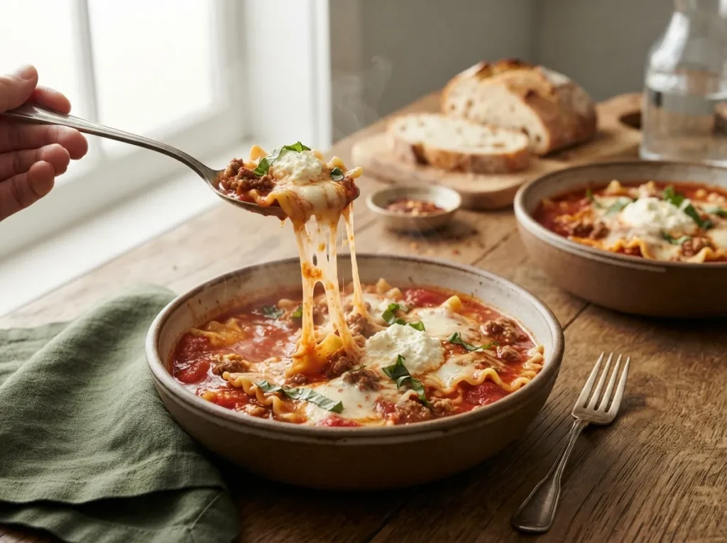 Spoon lifting a bite of lasagna soup with stretching melted mozzarella
