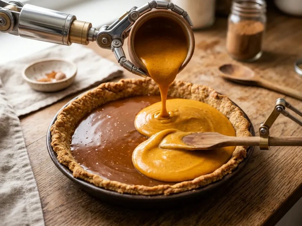 Pumpkin white chocolate ganache being poured over a caramel layer in a baked pie crust