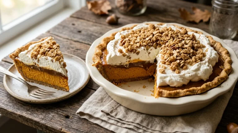 Sliced Milk Bar pumpkin caramel pie topped with whipped cream and oat streusel