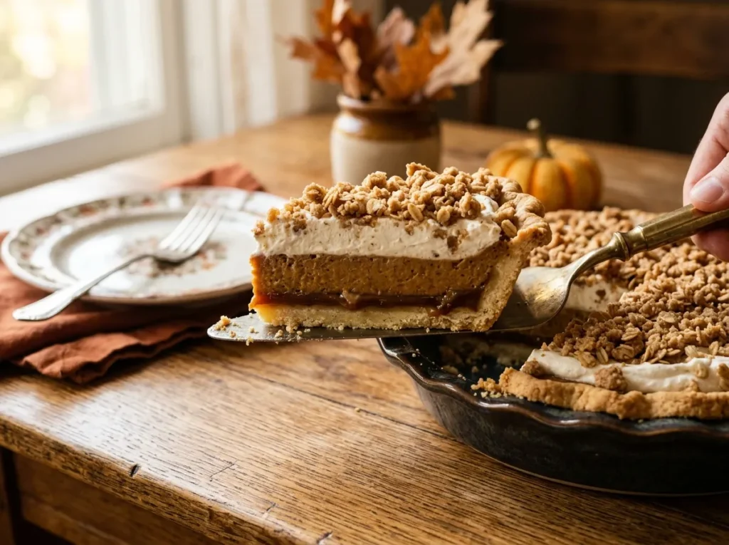 A cut slice of Milk Bar pumpkin caramel pie being lifted from the pie plate onto a plate