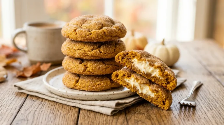Pumpkin cheesecake cookies stacked on a wooden board with cinnamon sugar coating