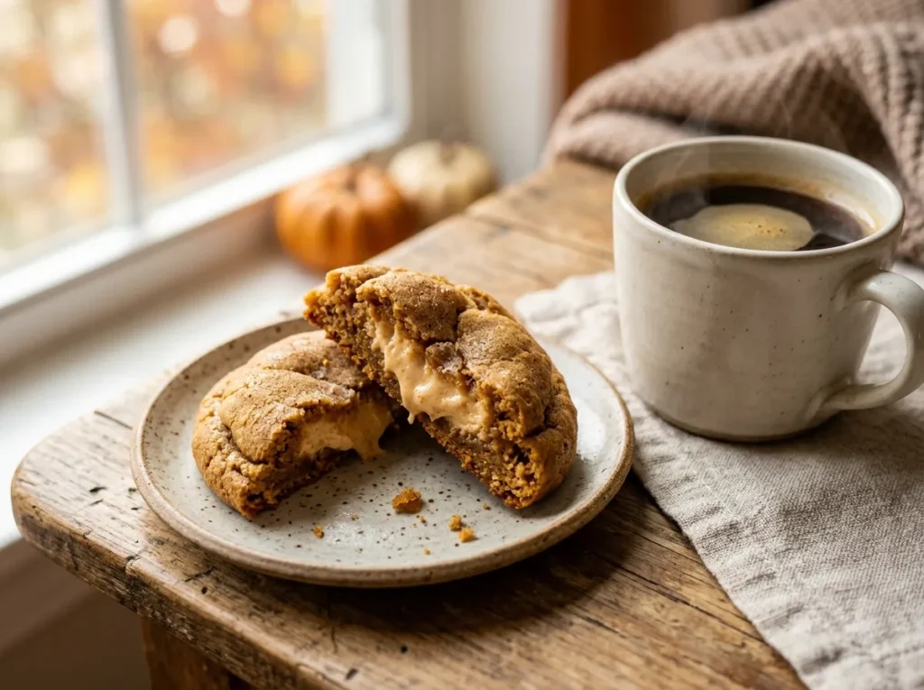 Pumpkin cheesecake cookie broken in half showing the creamy filling, served with a cup of coffee