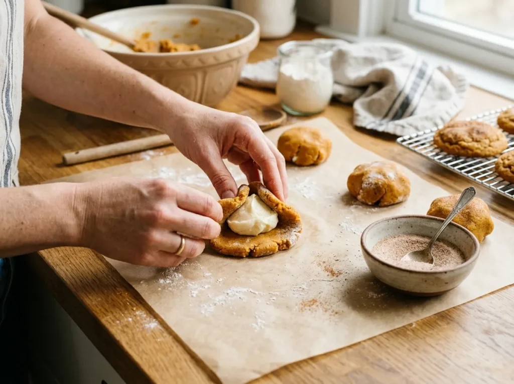 Hand wrapping pumpkin cookie dough around cream cheese filling before rolling in cinnamon sugar