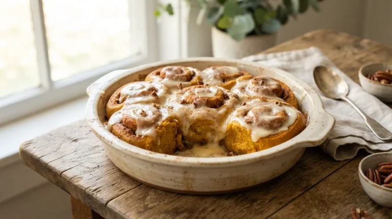 Golden baked pumpkin spice cinnamon rolls topped with melted cream cheese icing in a baking dish