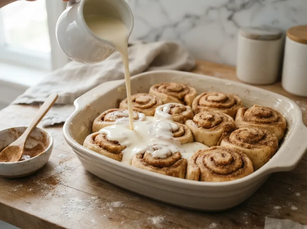 Heavy cream being poured over unbaked cinnamon rolls in a baking dish