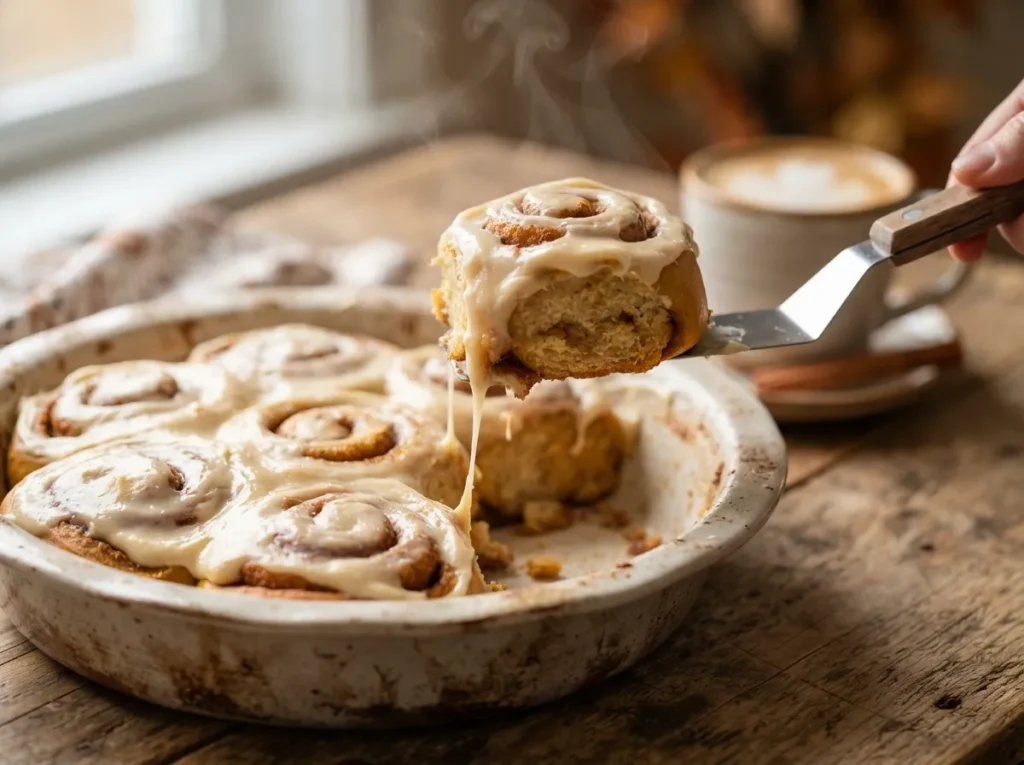 A pumpkin spice cinnamon roll being lifted from the pan with cream cheese icing stretching from the roll