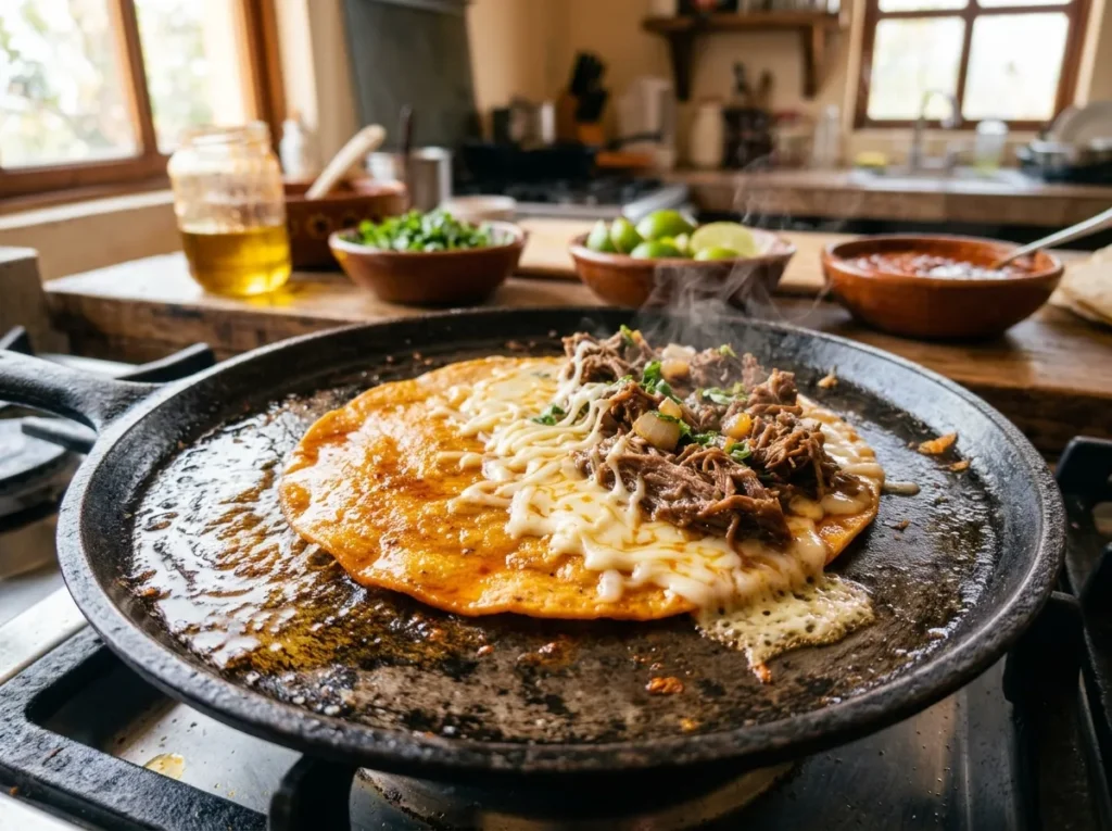 Cheese and shredded beef filled tortilla frying on a cast iron griddle for quesabirria tacos