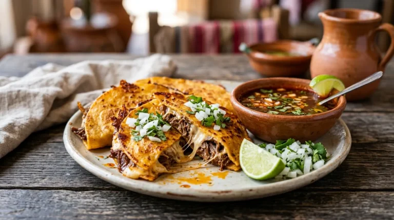 Crispy quesabirria tacos cut open showing melted cheese pull and shredded beef, served with a side of consommé