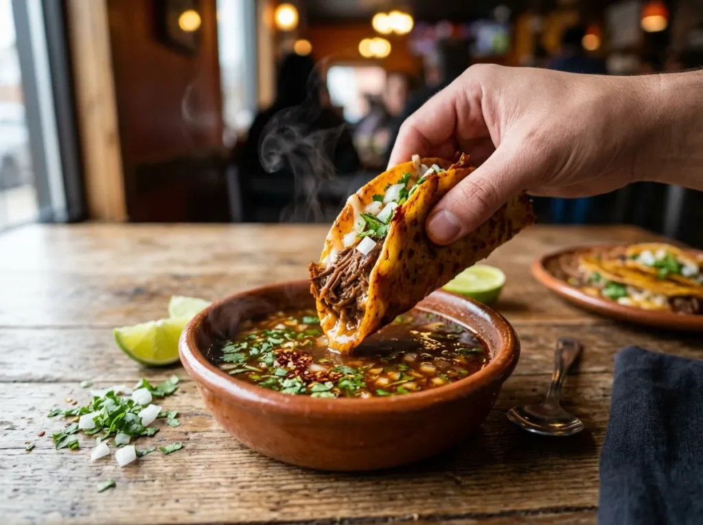 Quesabirria taco being dipped into a bowl of consommé, garnished with onion and cilantro