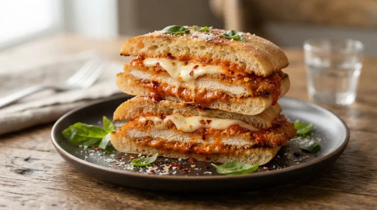 Spicy vodka chicken parm sandwich cut in half showing melted mozzarella and crispy chicken cutlet