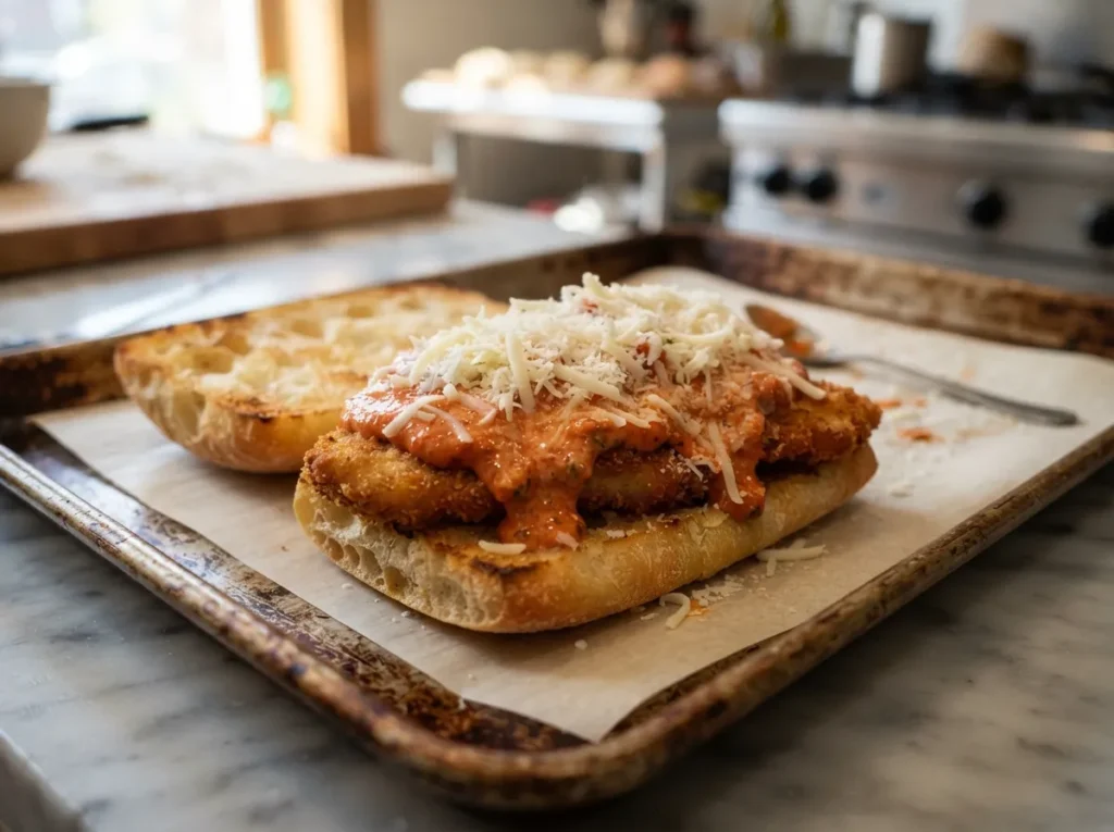 Breaded chicken cutlet topped with vodka sauce and shredded mozzarella before broiling