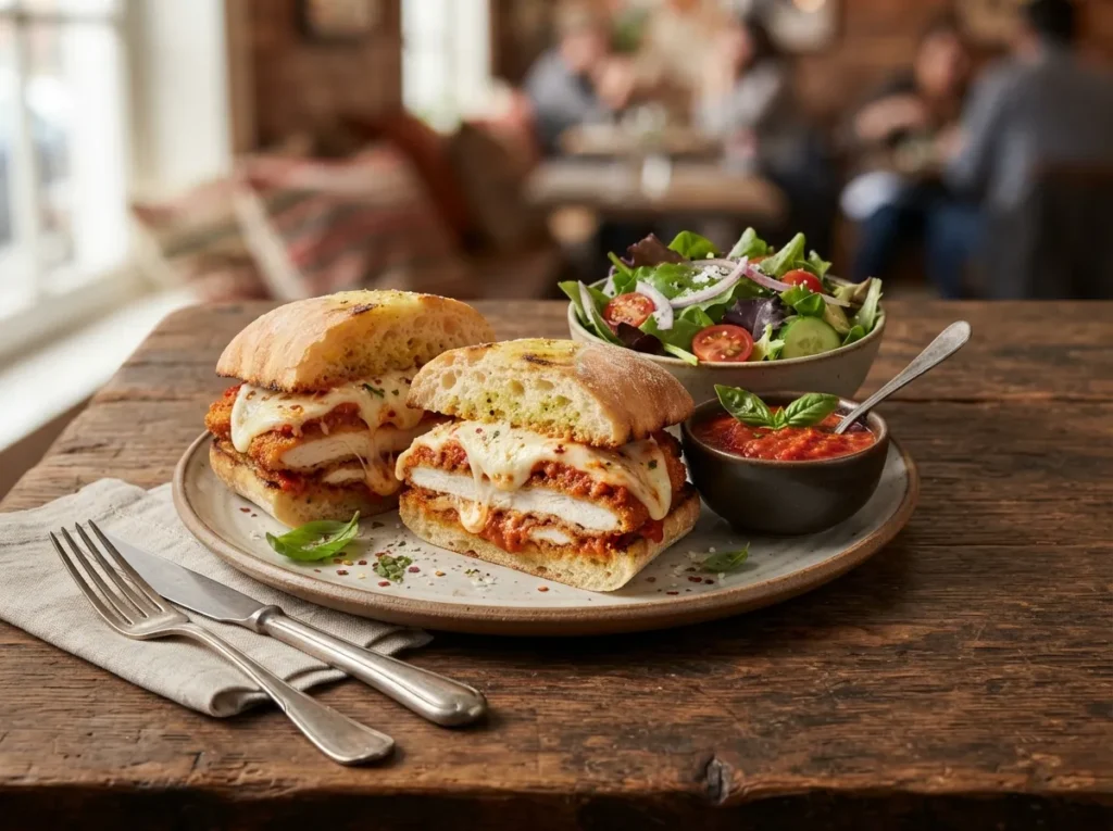 Spicy vodka chicken parm sandwich sliced in half and served with a side salad