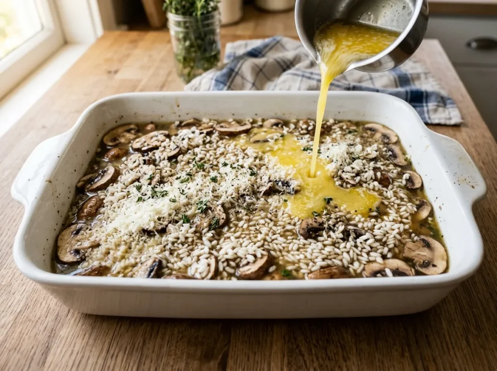 Melted butter being poured over uncooked rice and mushrooms before baking