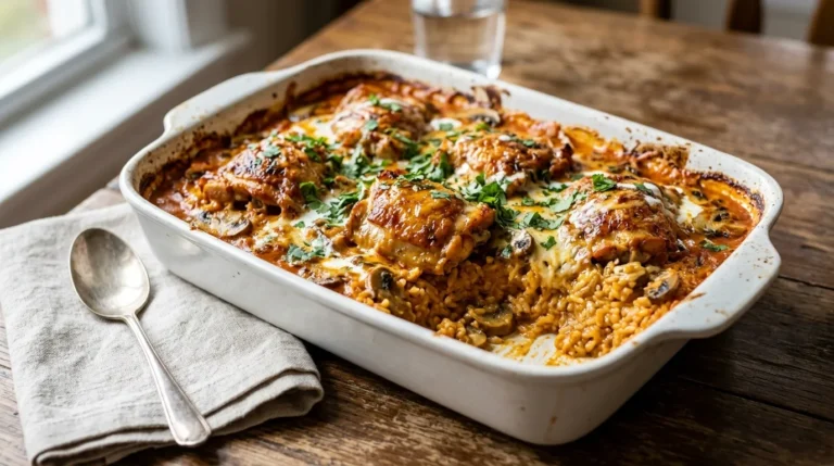 Baked stick of butter chicken and rice in a white baking dish with golden chicken thighs on top