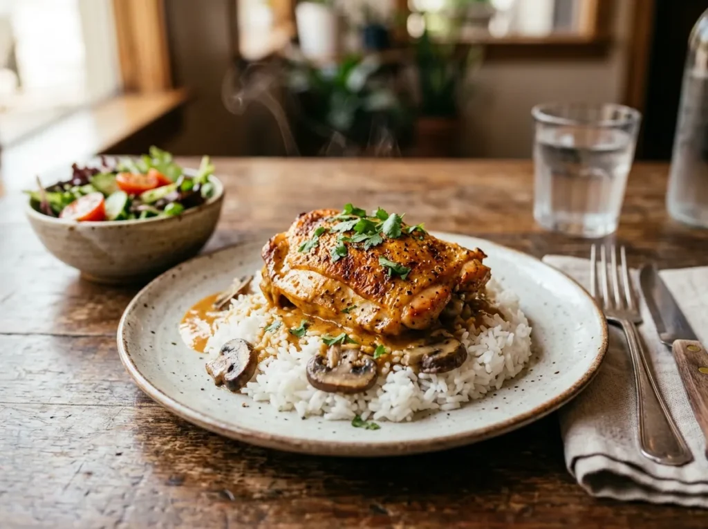 A plated serving of stick of butter chicken and rice with a chicken thigh over creamy rice